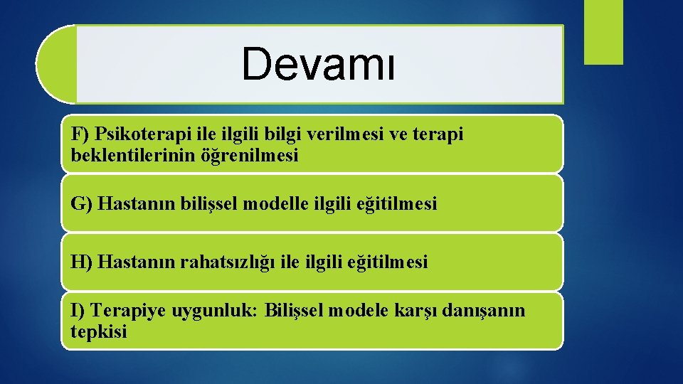 Devamı F) Psikoterapi ile ilgili bilgi verilmesi ve terapi beklentilerinin öğrenilmesi G) Hastanın bilişsel