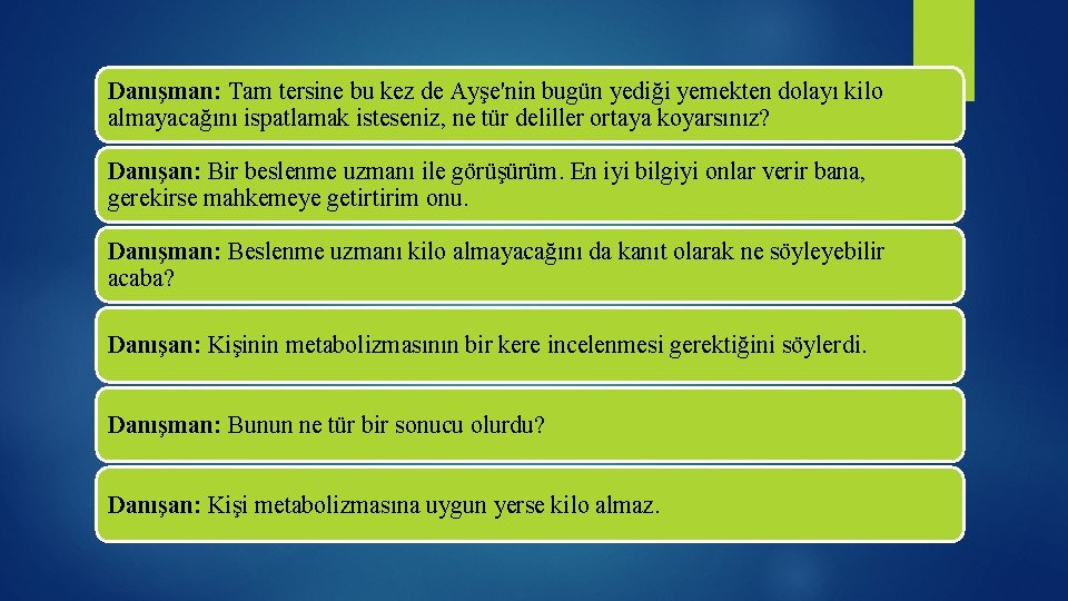 Danışman: Tam tersine bu kez de Ayşe'nin bugün yediği yemekten dolayı kilo almayacağını ispatlamak