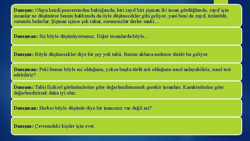 Danışan: Olaya kendi penceremden baktığımda, biri zayıf biri şişman iki insan gördüğümde, zayıf için