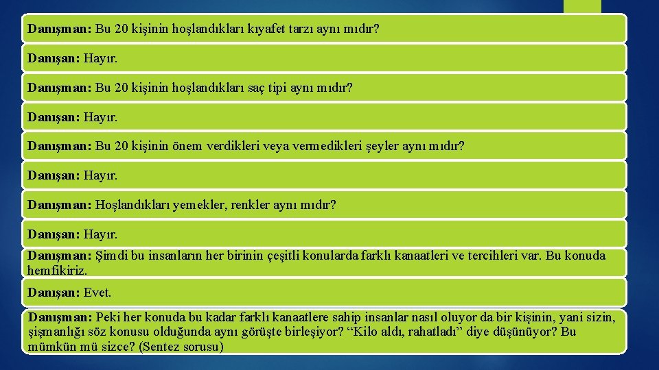 Danışman: Bu 20 kişinin hoşlandıkları kıyafet tarzı aynı mıdır? Danışan: Hayır. Danışman: Bu 20