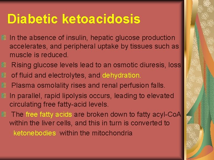 Diabetic ketoacidosis In the absence of insulin, hepatic glucose production accelerates, and peripheral uptake