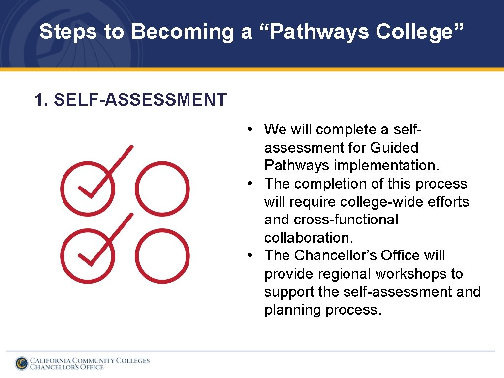 Steps to Becoming a “Pathways College” 1. SELF-ASSESSMENT • We will complete a selfassessment