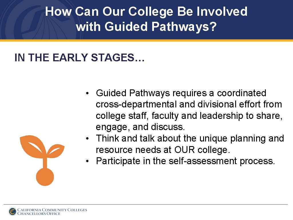 How Can Our College Be Involved with Guided Pathways? IN THE EARLY STAGES… •