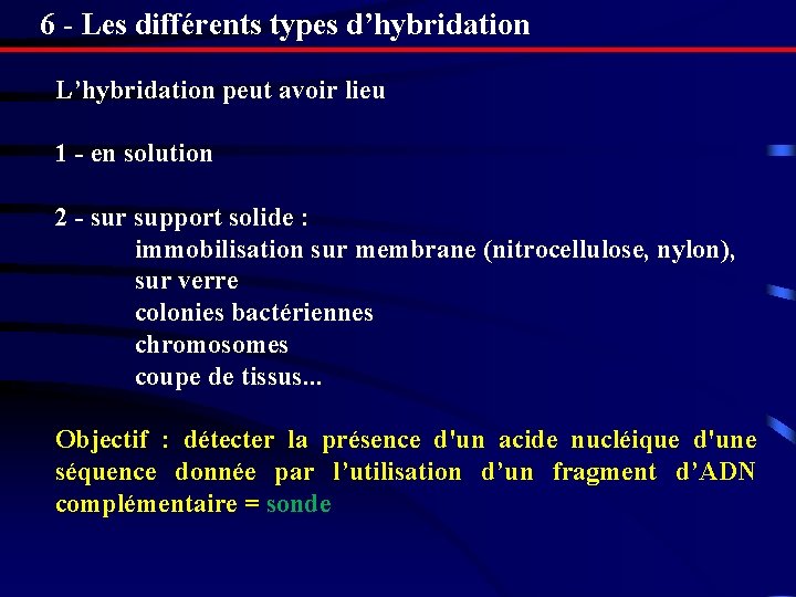 6 - Les différents types d’hybridation L’hybridation peut avoir lieu 1 - en solution