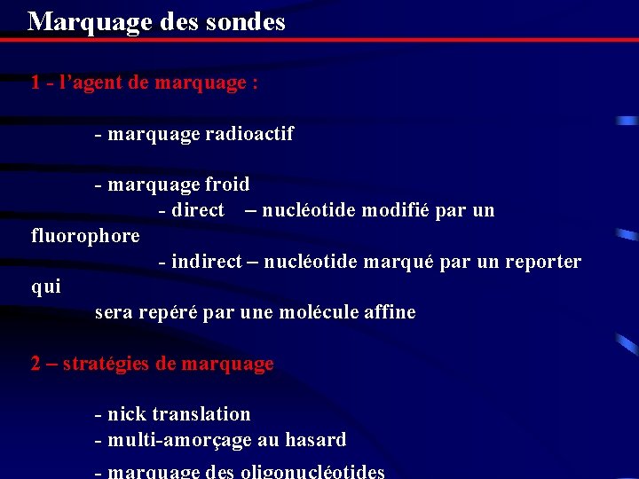 Marquage des sondes 1 - l’agent de marquage : - marquage radioactif - marquage