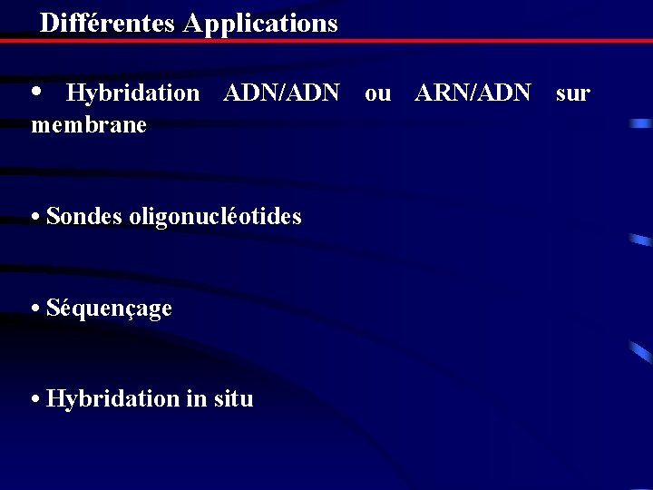 Différentes Applications • Hybridation ADN/ADN ou ARN/ADN sur membrane • Sondes oligonucléotides • Séquençage