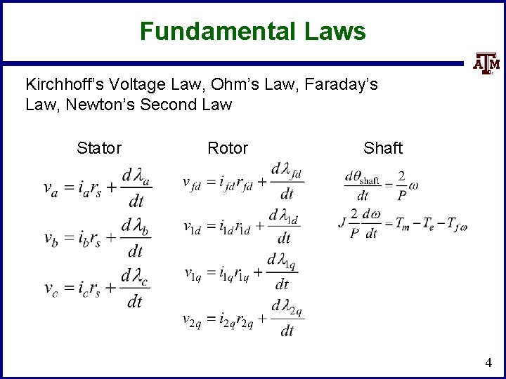 Fundamental Laws Kirchhoff’s Voltage Law, Ohm’s Law, Faraday’s Law, Newton’s Second Law Stator Rotor