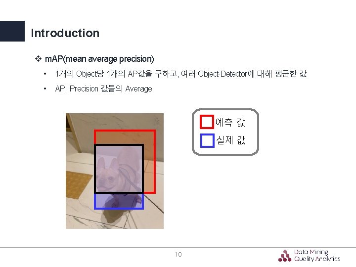Introduction v m. AP(mean average precision) • 1개의 Object당 1개의 AP값을 구하고, 여러 Object-Detector에 Introduction v m. AP(mean average precision) • 1개의 Object당 1개의 AP값을 구하고, 여러 Object-Detector에