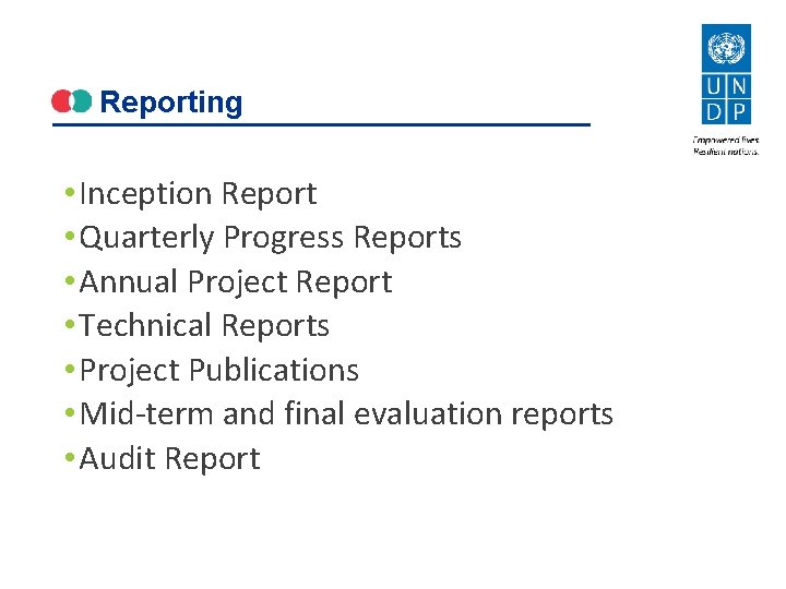 Reporting • Inception Report • Quarterly Progress Reports • Annual Project Report • Technical