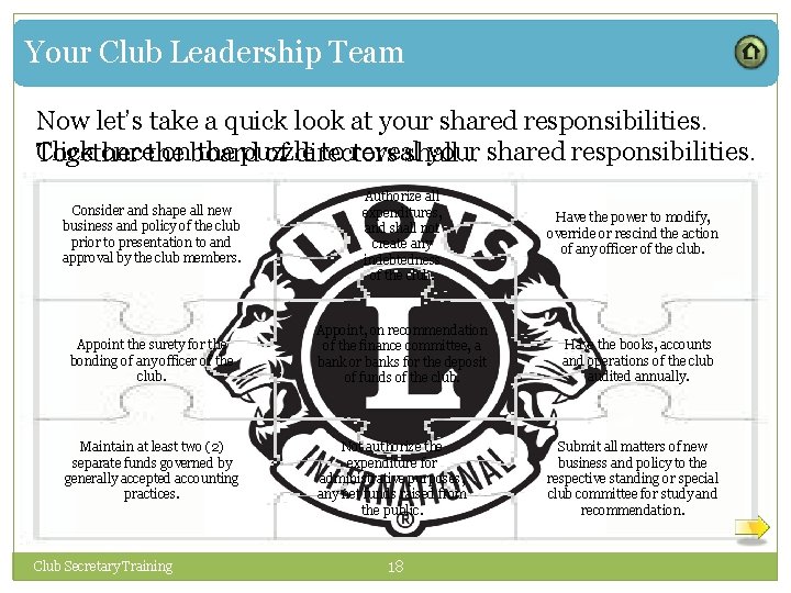 Your Club Leadership Team Now let’s take a quick look at your shared responsibilities.