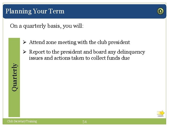 Planning Your Term On a quarterly basis, you will: Ø Attend zone meeting with