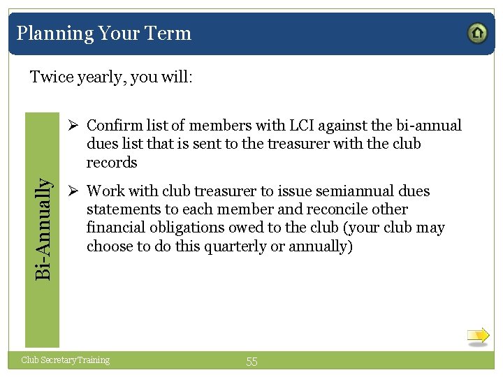 Planning Your Term Twice yearly, you will: Bi-Annually Ø Confirm list of members with