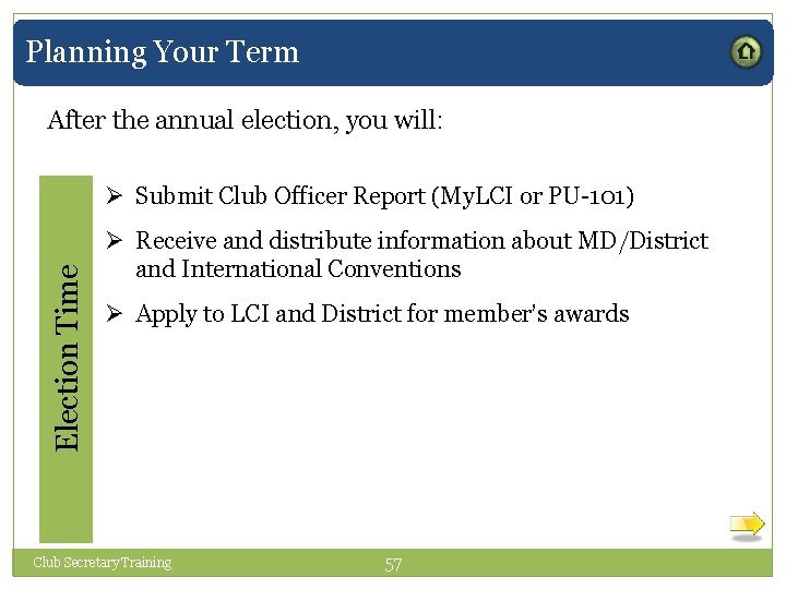 Planning Your Term After the annual election, you will: Election Time Ø Submit Club
