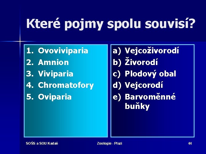 Které pojmy spolu souvisí? 1. 2. 3. 4. 5. Ovoviviparia Amnion Viviparia Chromatofory Oviparia