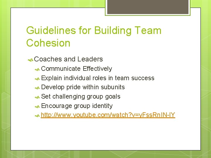 Guidelines for Building Team Cohesion Coaches and Leaders Communicate Effectively Explain individual roles in