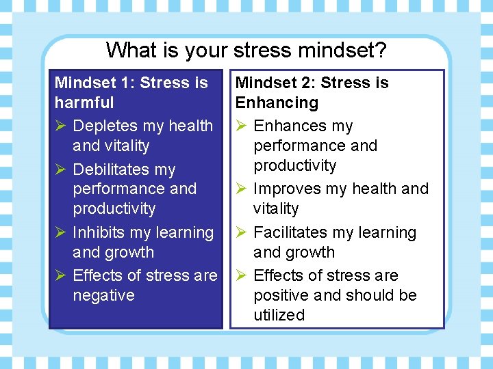 What is your stress mindset? Mindset 1: Stress is harmful Ø Depletes my health