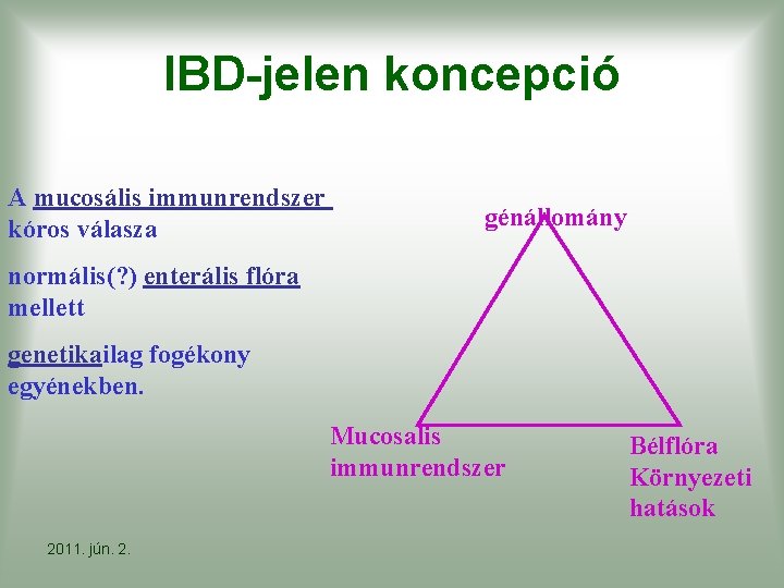 IBD-jelen koncepció A mucosális immunrendszer kóros válasza génállomány normális(? ) enterális flóra mellett genetikailag