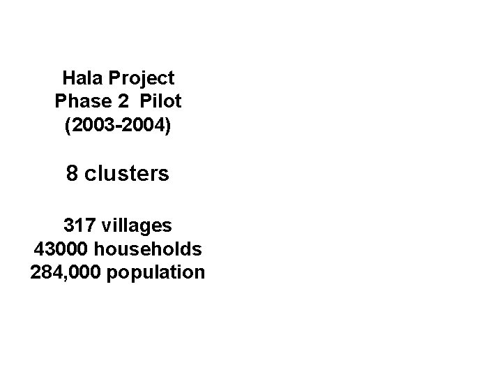 Hala Project Phase 2 Pilot (2003 -2004) 8 clusters 317 villages 43000 households 284,