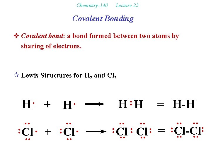 Chemistry-140 Lecture 23 Covalent Bonding v Covalent bond: a bond formed between two atoms