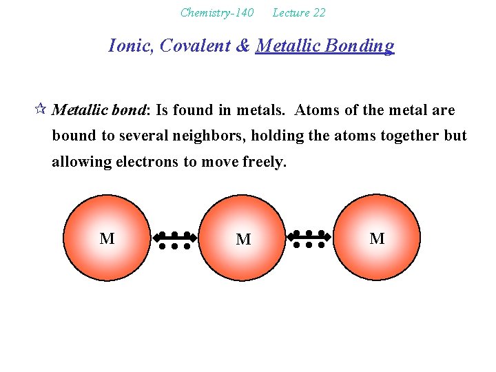 Chemistry-140 Lecture 22 Ionic, Covalent & Metallic Bonding ¶ Metallic bond: Is found in