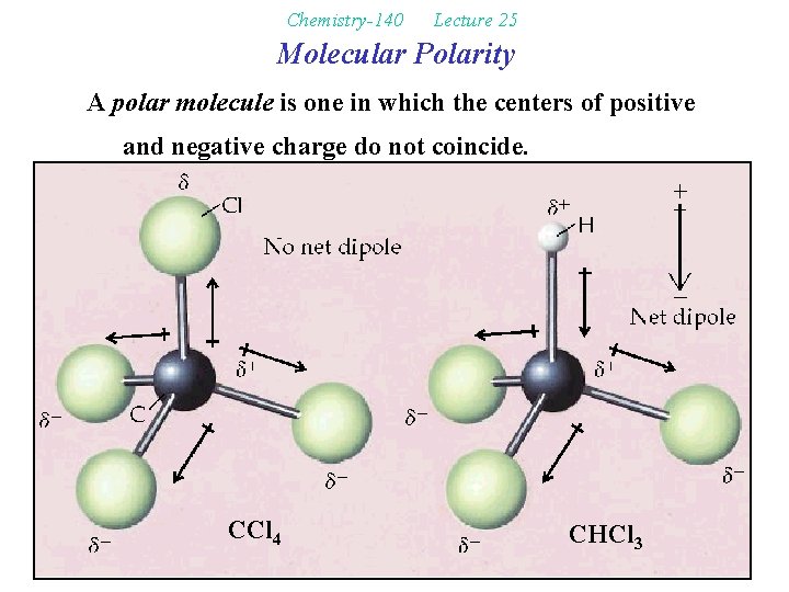 Chemistry-140 Lecture 25 Molecular Polarity A polar molecule is one in which the centers