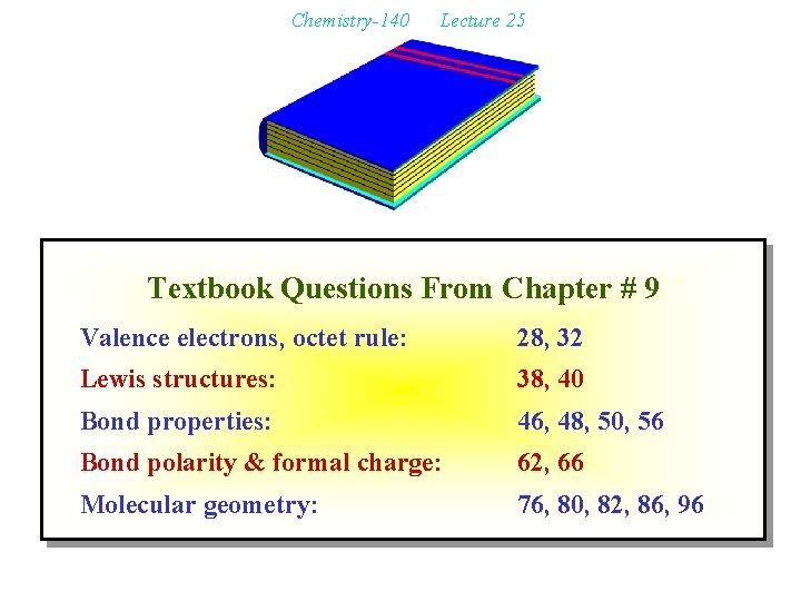 Chemistry-140 Lecture 25 Textbook Questions From Chapter # 9 Valence electrons, octet rule: 28,