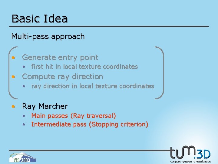 Basic Idea Multi-pass approach • Generate entry point • first hit in local texture