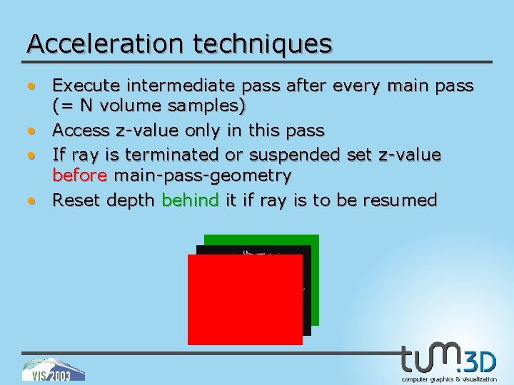 Acceleration techniques • Execute intermediate pass after every main pass (= N volume samples)