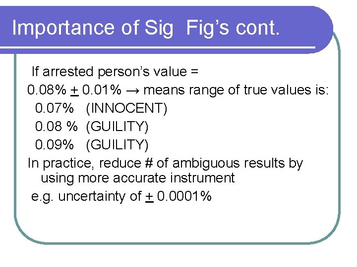 Importance of Sig Fig’s cont. If arrested person’s value = 0. 08% + 0.