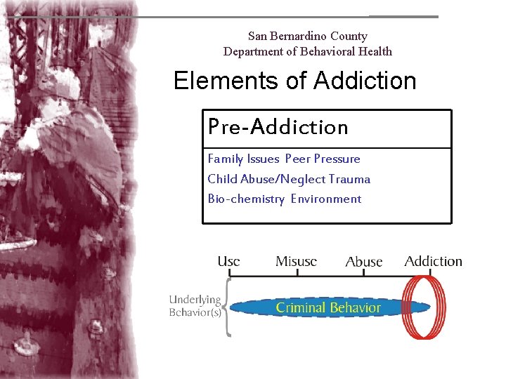San Bernardino County Department of Behavioral Health Elements of Addiction Pre-Addiction Family Issues Peer