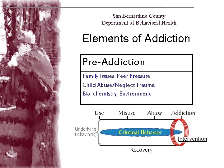 San Bernardino County Department of Behavioral Health Elements of Addiction Pre-Addiction Family Issues Peer