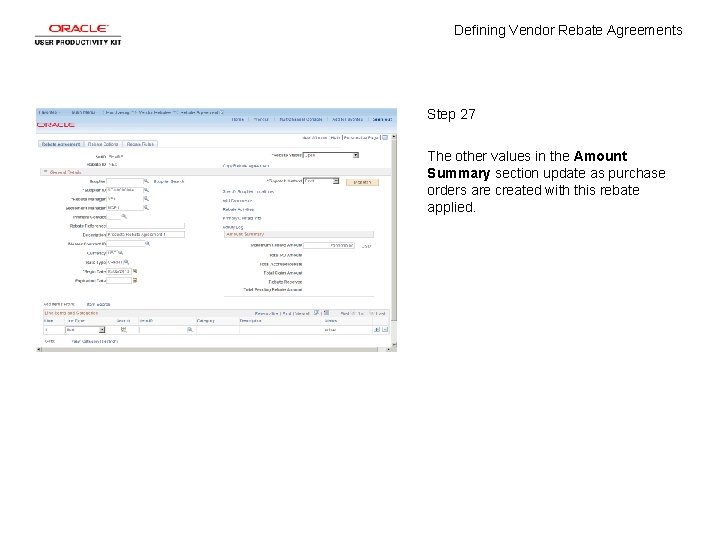 Defining Vendor Rebate Agreements Step 27 The other values in the Amount Summary section