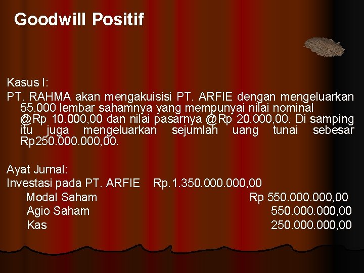 Goodwill Positif Kasus I: PT. RAHMA akan mengakuisisi PT. ARFIE dengan mengeluarkan 55. 000