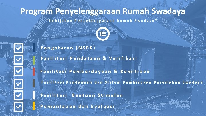 Program Penyelenggaraan Rumah Swadaya “Kebijakan Penyelenggaraan Rumah Swadaya” Pengaturan (NSPK) Fasilitasi Pendataan & Verifikasi