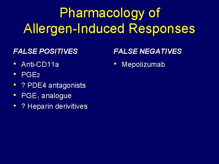 Pharmacology of Allergen-Induced Responses FALSE POSITIVES FALSE NEGATIVES • • • Mepolizumab Anti-CD 11