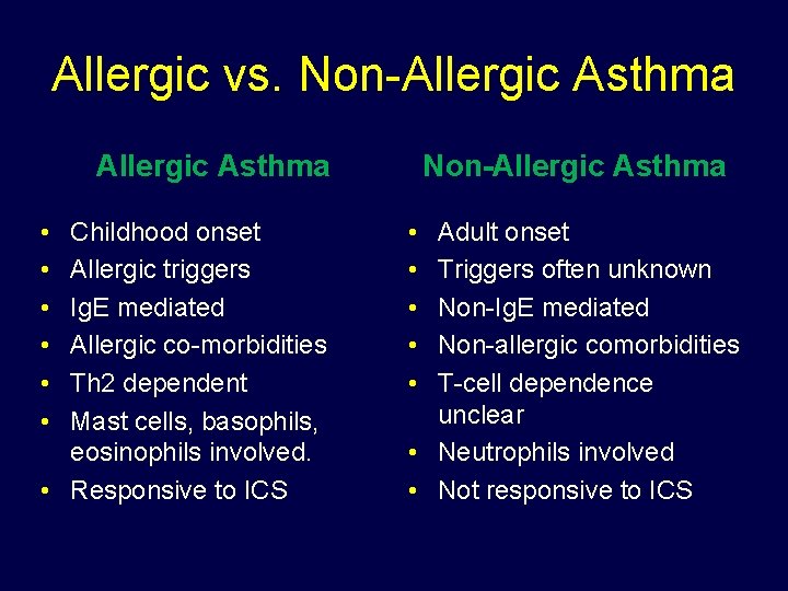 Allergic vs. Non-Allergic Asthma • • • Childhood onset Allergic triggers Ig. E mediated