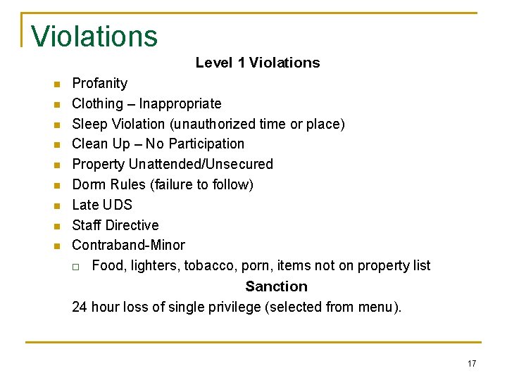 Violations Level 1 Violations n n n n n Profanity Clothing – Inappropriate Sleep