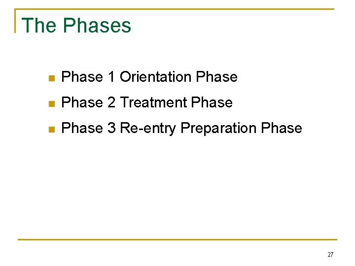 The Phases n Phase 1 Orientation Phase 2 Treatment Phase n Phase 3 Re-entry