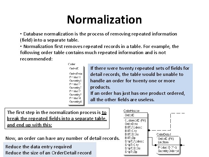 Normalization • Database normalization is the process of removing repeated information (field) into a
