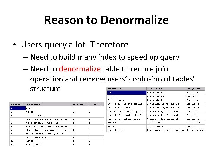 Reason to Denormalize • Users query a lot. Therefore – Need to build many