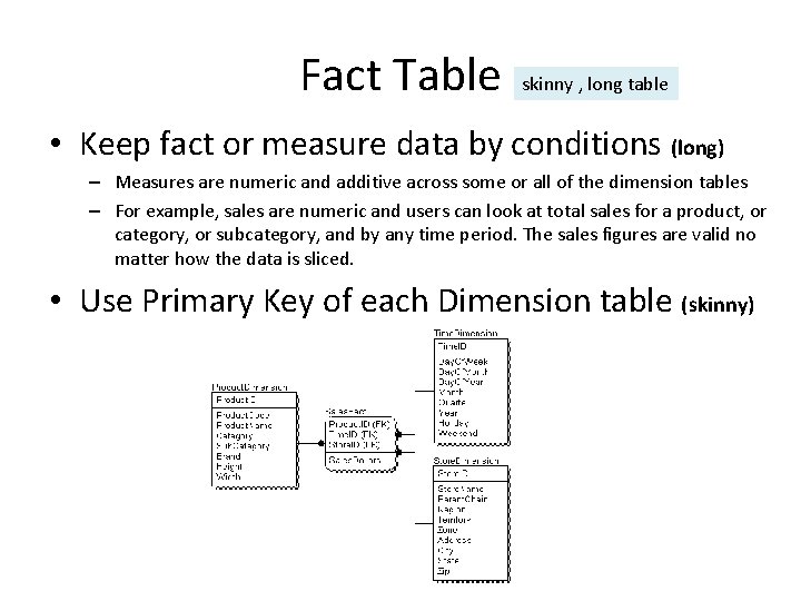 Fact Table skinny , long table • Keep fact or measure data by conditions