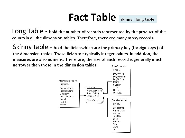 Fact Table skinny , long table Long Table - hold the number of records
