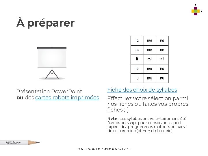 À préparer Présentation Power. Point ou des cartes robots imprimées Fiche des choix de