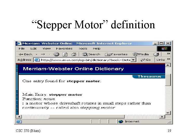 “Stepper Motor” definition CSC 370 (Blum) 19 