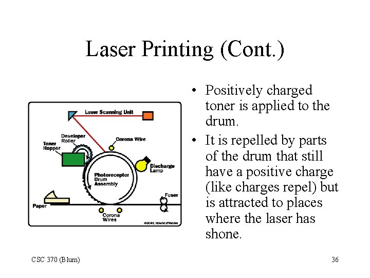 Laser Printing (Cont. ) • Positively charged toner is applied to the drum. •