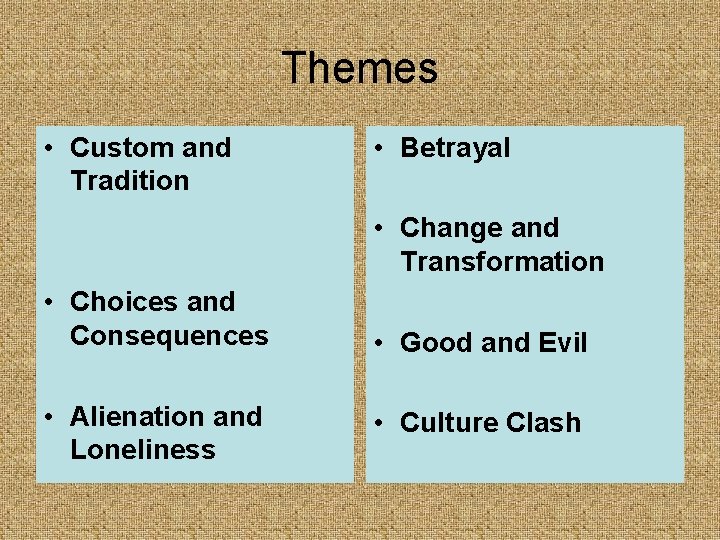 Themes • Custom and Tradition • Betrayal • Change and Transformation • Choices and