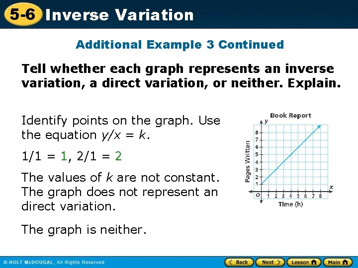 5 -6 Inverse Variation Additional Example 3 Continued Tell whether each graph represents an