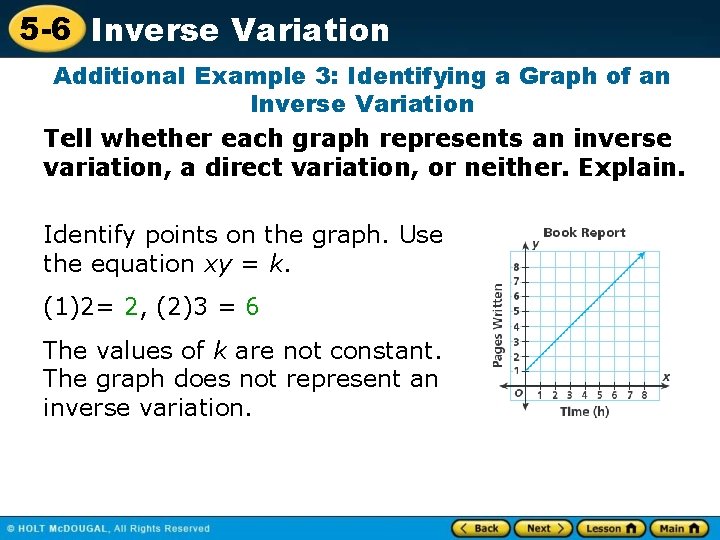 5 -6 Inverse Variation Additional Example 3: Identifying a Graph of an Inverse Variation