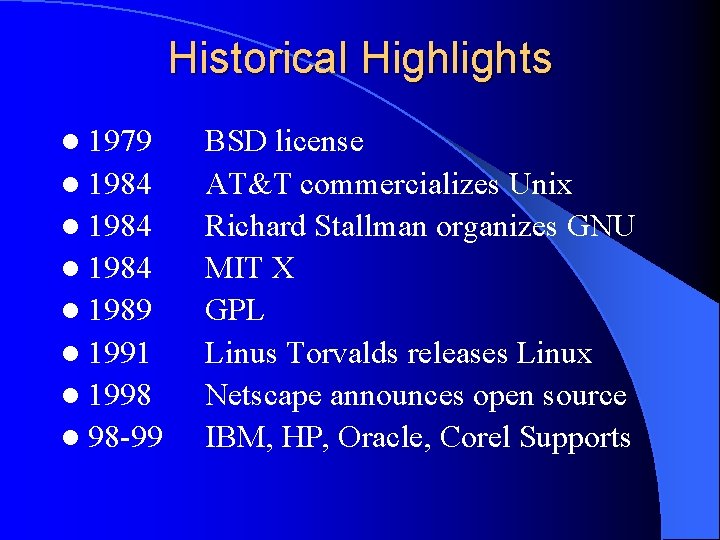 Historical Highlights l 1979 l 1984 l 1989 l 1991 l 1998 l 98