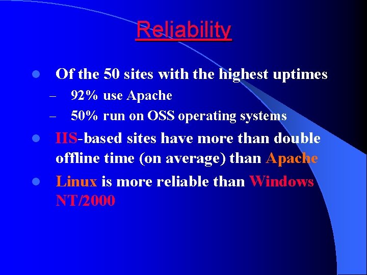 Reliability l Of the 50 sites with the highest uptimes – – 92% use